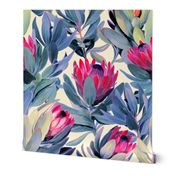 Painted Protea Floral - magenta and grey blue colorway