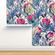 Painted Protea Floral - magenta and grey blue colorway