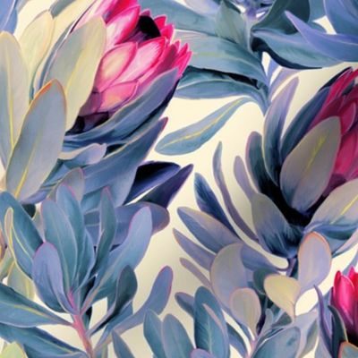 Painted Protea Floral - magenta and grey blue colorway