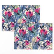 Painted Protea Floral - magenta and grey blue colorway