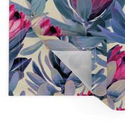 Painted Protea Floral - magenta and grey blue colorway