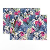 Painted Protea Floral - magenta and grey blue colorway