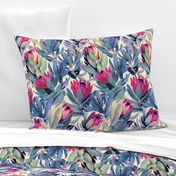 Painted Protea Floral - magenta and grey blue colorway