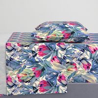 Painted Protea Floral - magenta and grey blue colorway