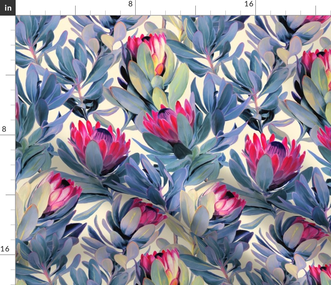Painted Protea Floral - magenta and grey blue colorway