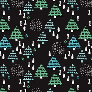 Dark night christmas trees scandinavian winter night woodland pattern with geometric details