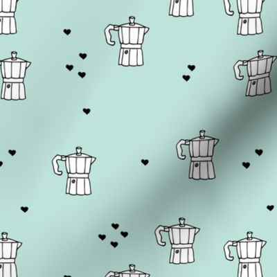 We love coffee fun moka machine italian coffee maker drink illustration for hipster barista an coffee lovers illustration print mint black and white