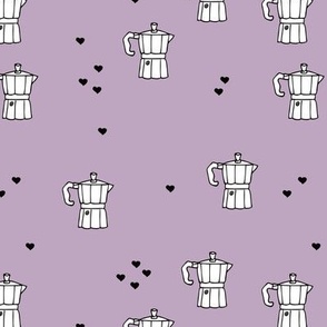 We love coffee fun moka machine italian coffee maker drink illustration for hipster barista an coffee lovers illustration print purple lilac violet black and white
