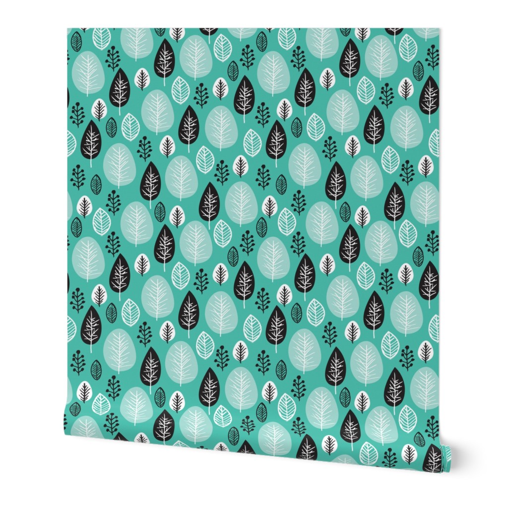 Retro scandinavian style petal fall garden aqua blue poppy flowers and pastel leafs winter wonderland christmas print