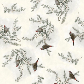 Birds in a Tree with White Flowers