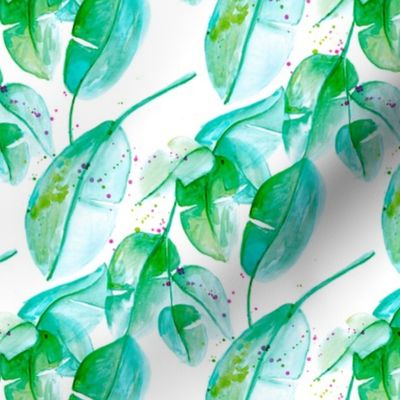 Tropical summer leaves green and aqua forest woodland paint print