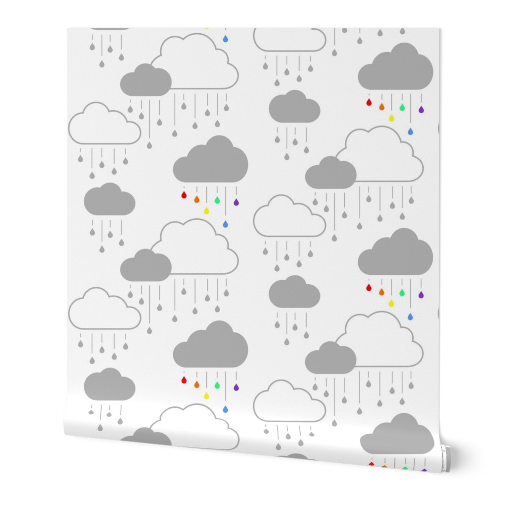 Clouds + Rain - Gray and Rainbow on White