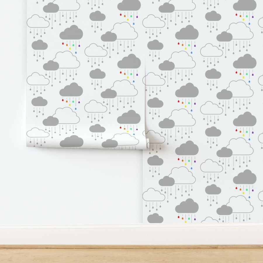 Clouds + Rain - Gray and Rainbow on White