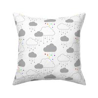 Clouds + Rain - Gray and Rainbow on White