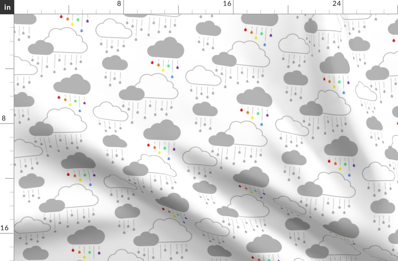 Clouds + Rain - Gray and Rainbow on White