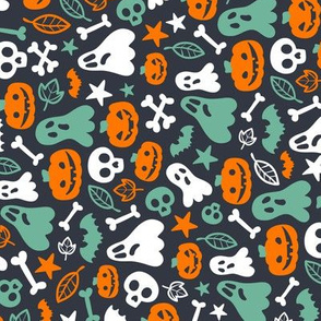 Halloween Retro Pattern Ghosts Pumpkins Skulls Bones Bats