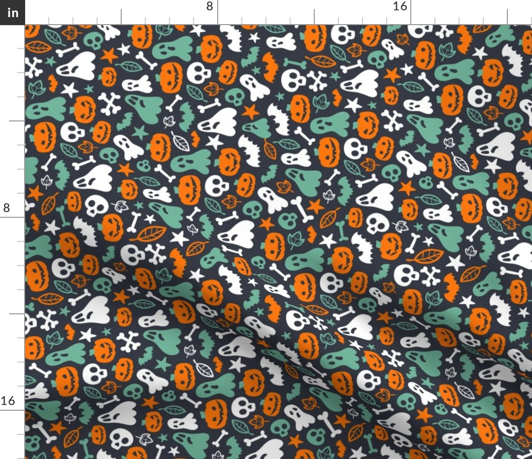 Halloween Retro Pattern Ghosts Pumpkins Skulls Bones Bats