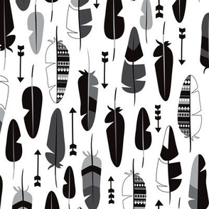 Geometric vintage feathers pastel arrows in black and white illustration pattern