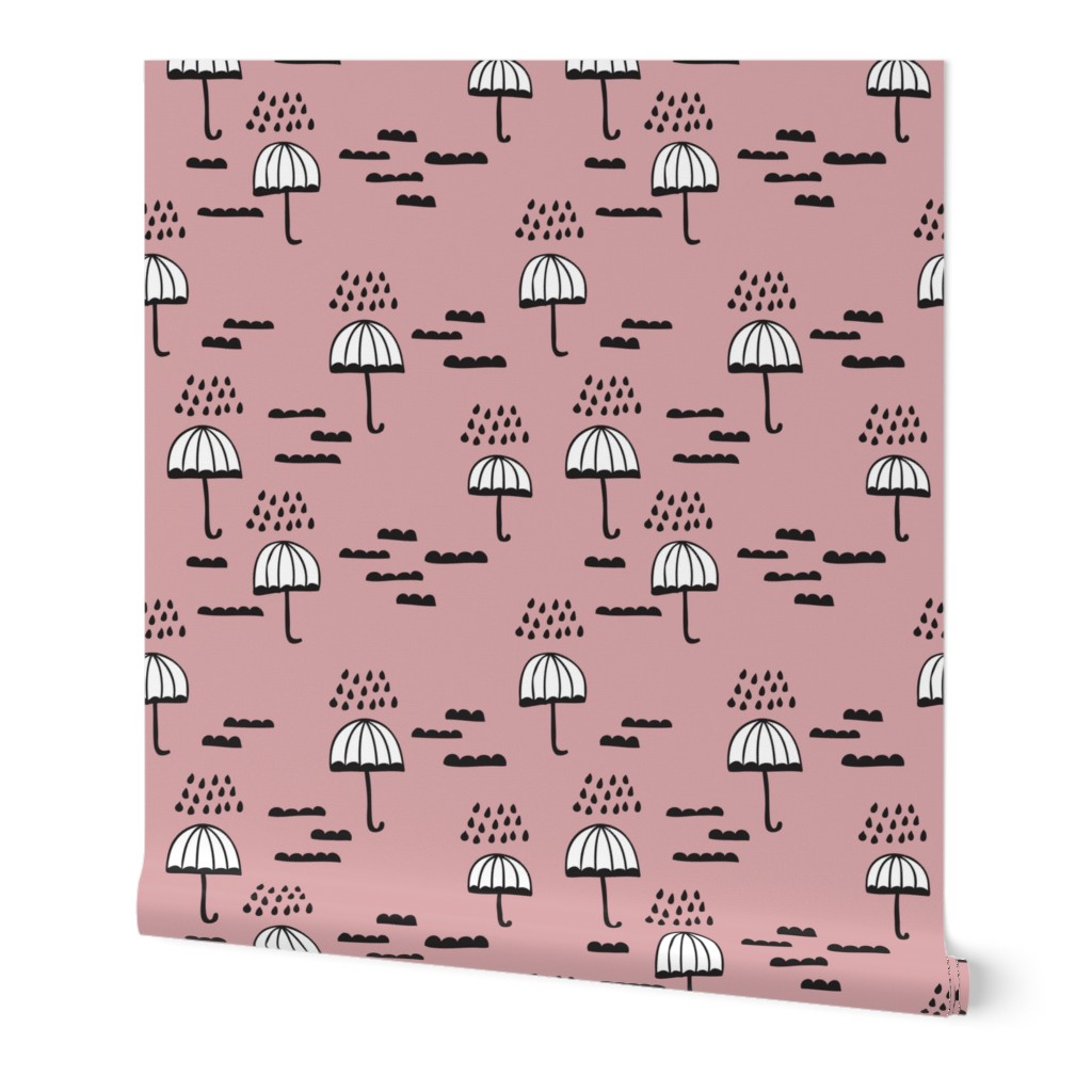Umbrella rainy day cloudy sky clouds illustration scandinavian style illustration print in vintage pink