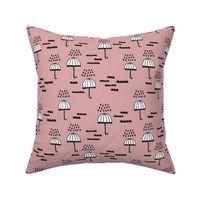 Umbrella rainy day cloudy sky clouds illustration scandinavian style illustration print in vintage pink