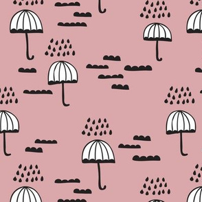 Umbrella rainy day cloudy sky clouds illustration scandinavian style illustration print in vintage pink