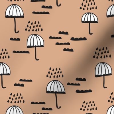 Umbrella rainy day cloudy sky clouds illustration scandinavian style illustration print winter beige brown