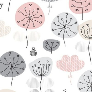 Pastel pink and gray poppy flower garden spring blossom fresh illustration print 