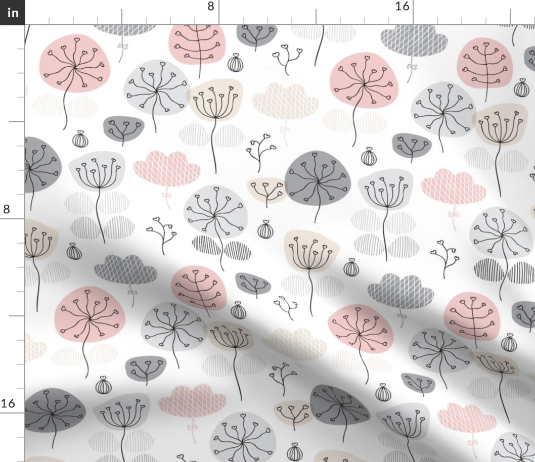 Pastel pink and gray poppy flower garden spring blossom fresh illustration print 