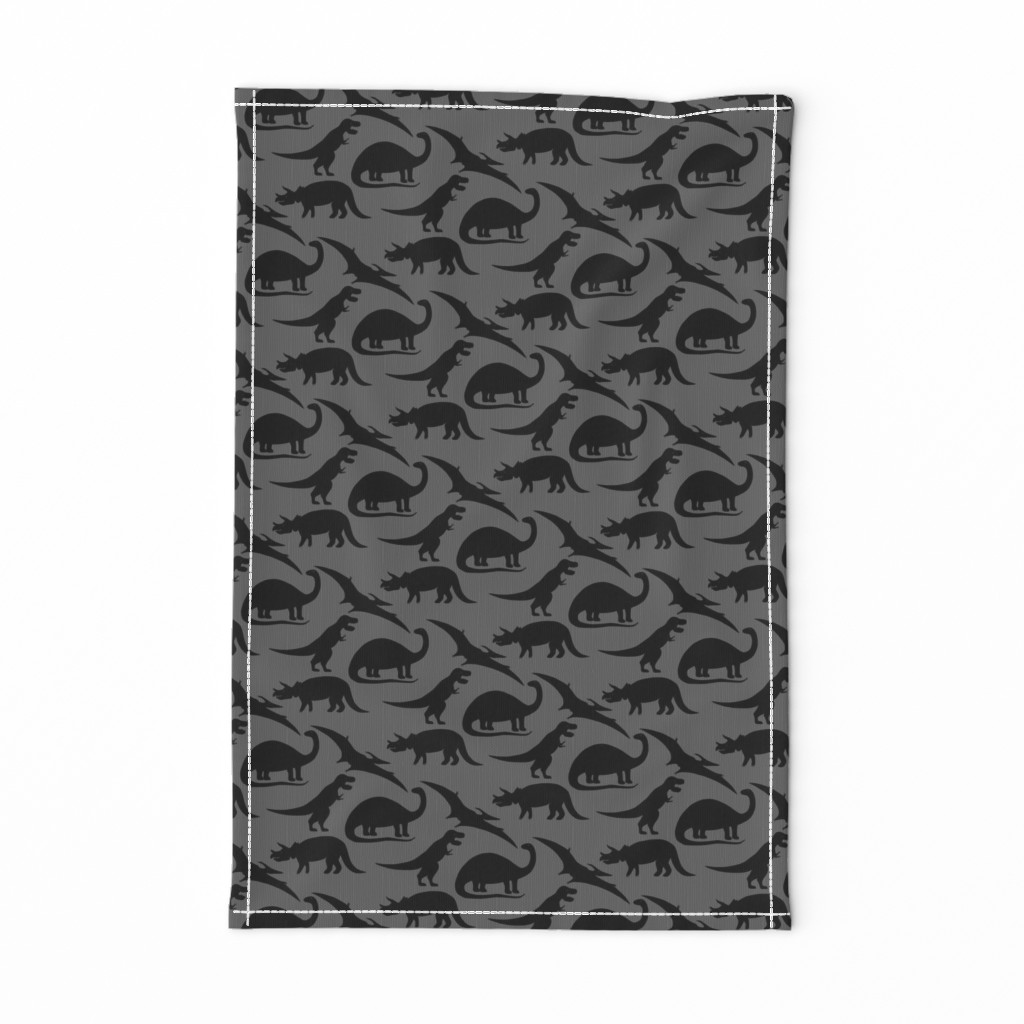 dinosaurs in black on charcoal grey