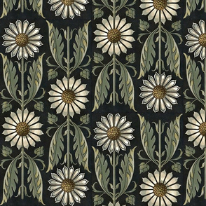 Art Nouveau Floral on Black with Green