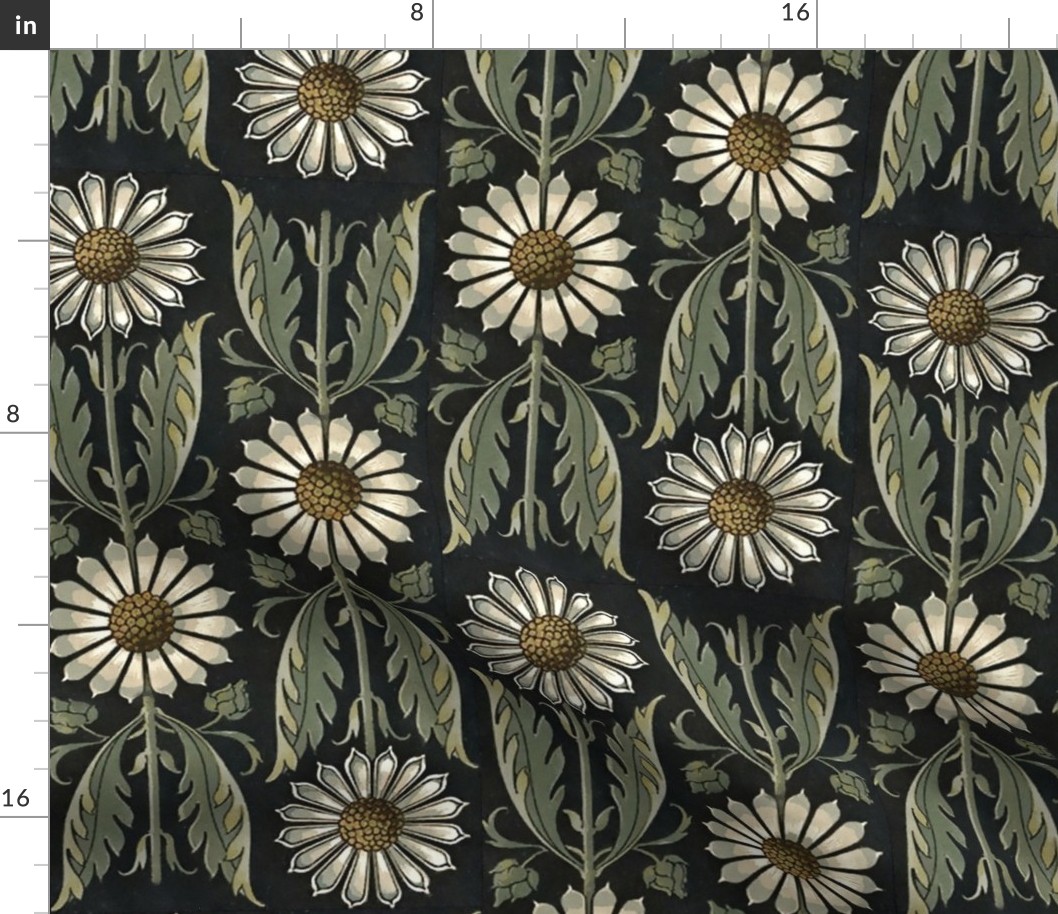 Art Nouveau Floral on Black with Green