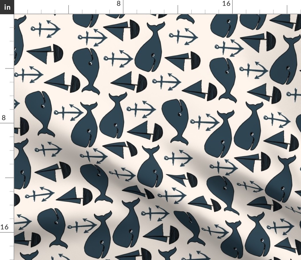 nautical whales // railroad cream and blue whales kids cute whale nursery fabric