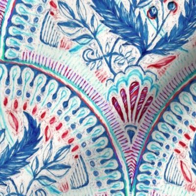 leafy fish scale doodle in red and blue