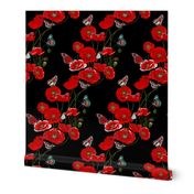 RED_Poppies_on_Black_with_colourful_butterflies