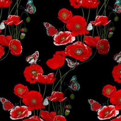 RED_Poppies_on_Black_with_colourful_butterflies