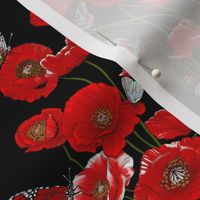 RED_Poppies_on_Black_with_colourful_butterflies