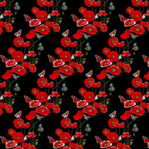 RED_Poppies_on_Black_with_colourful_butterflies