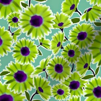 Dark Aqua Background with Lime Green Daisy Pattern