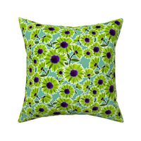 Dark Aqua Background with Lime Green Daisy Pattern
