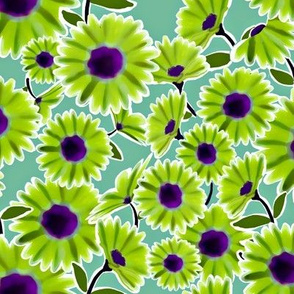 Dark Aqua Background with Lime Green Daisy Pattern