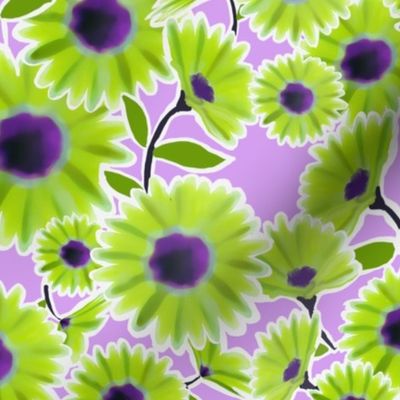 Lime Green Daisy Flowers on Purple