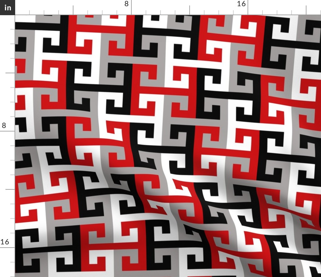 Tesselating T Greek Key Red Black Gray White