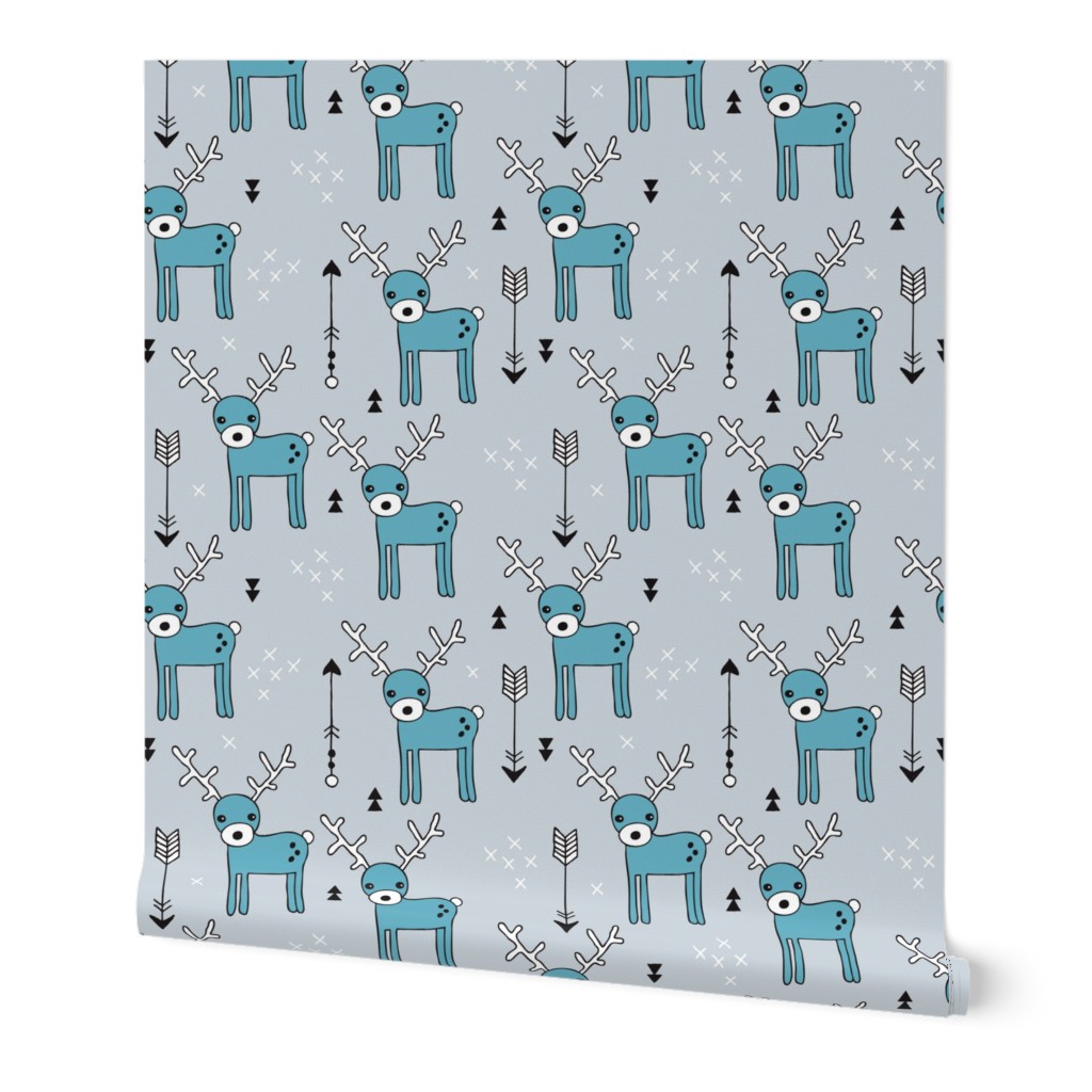 Adorable woodland reindeer and arrows christmas illustration kids pattern design in soft winter blue