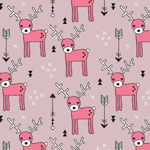 Adorable woodland reindeer and arrows illustration kids pattern design in soft gender soft violet pink