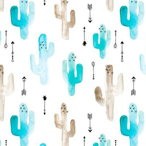Watercolor cactus illustration indian summer theme with arrows in blue for boys