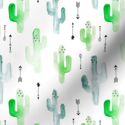 Watercolor cactus illustration indian summer theme with arrows in blue and green for boys