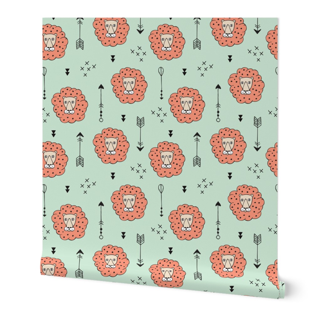 Adorable geometric safari jungle lion scandinavian style illustration design in mint and orange