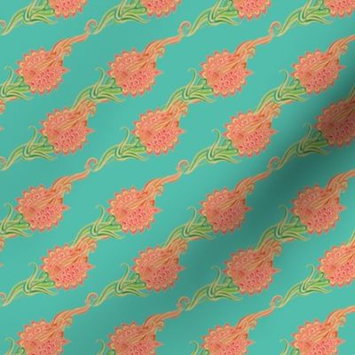 Stylized misty coral tulips  on teal background