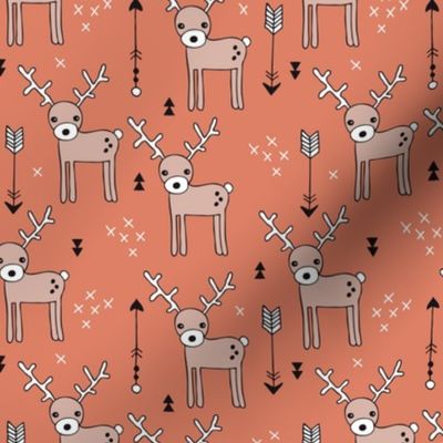 Adorable woodland reindeer and arrows illustration kids pattern design in beige and orange