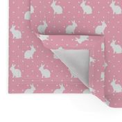 Rabbits and Spots white on Pink
